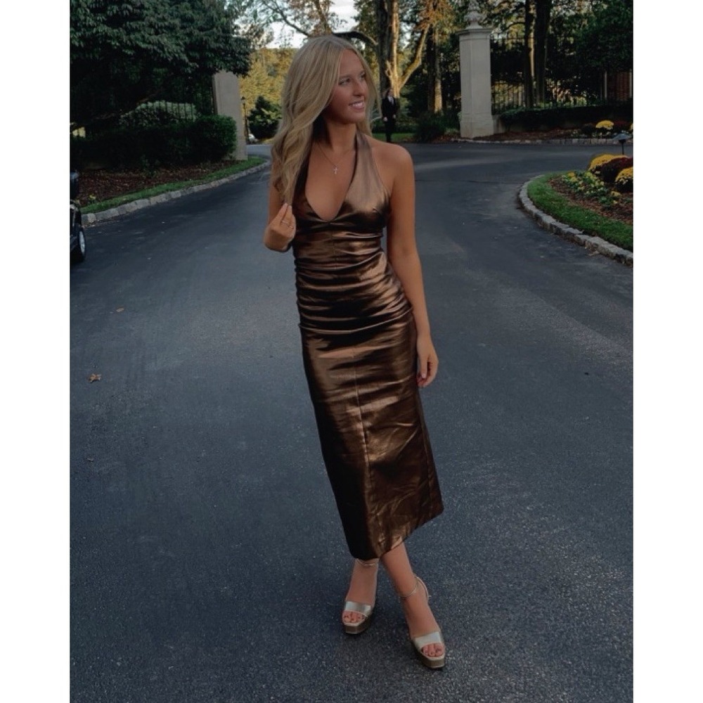 Zara Metallic Halter Midi Dress Plunging V Neck Open Back Size S Gala Glam NWT